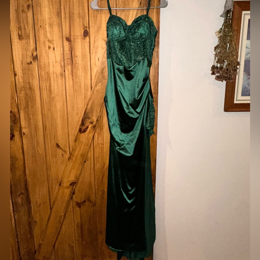 B Darlin Forest Green Lace Maxi Dress